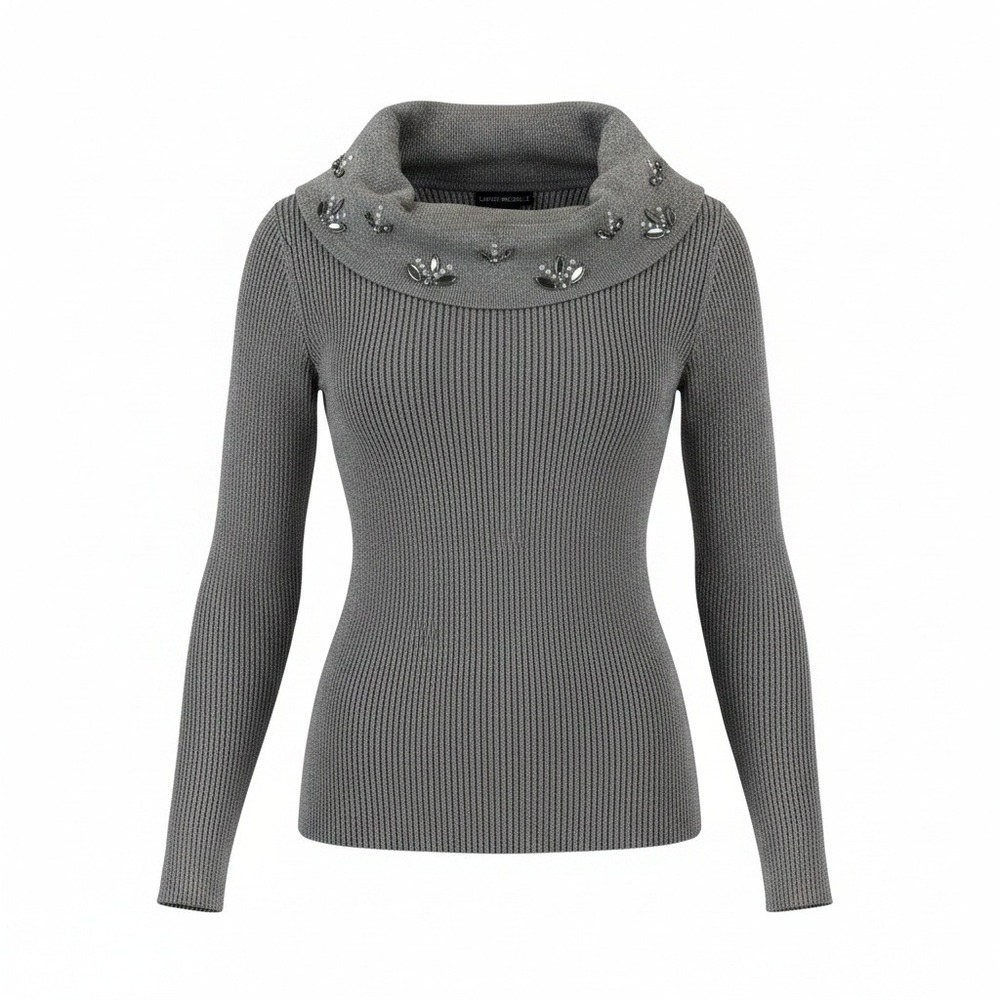 Lauren Michelle Sweater Women's L Silver Metallic Beaded Cowl Neck Pullover